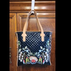 Consuela Ezzy Embroidered Tote Bag - Black and Tan, With Leather Handle Cover